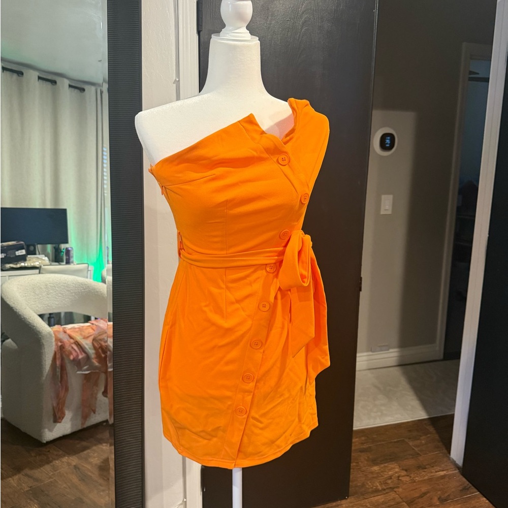 Orange Off-Shoulder Button Dress